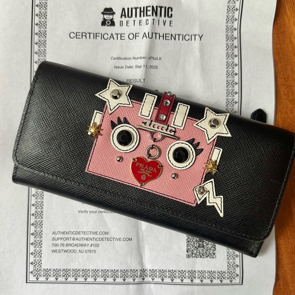 (+COA) Prada Robot Black and Pink Embellished Saffiano Leather Wallet - Picture 1 of 8